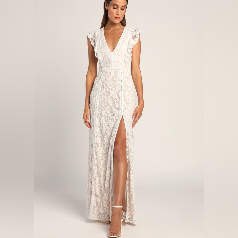 Lulus This Moment in Time White Lace Ruffled Maxi Dress Bridal Wedding XL - NWT